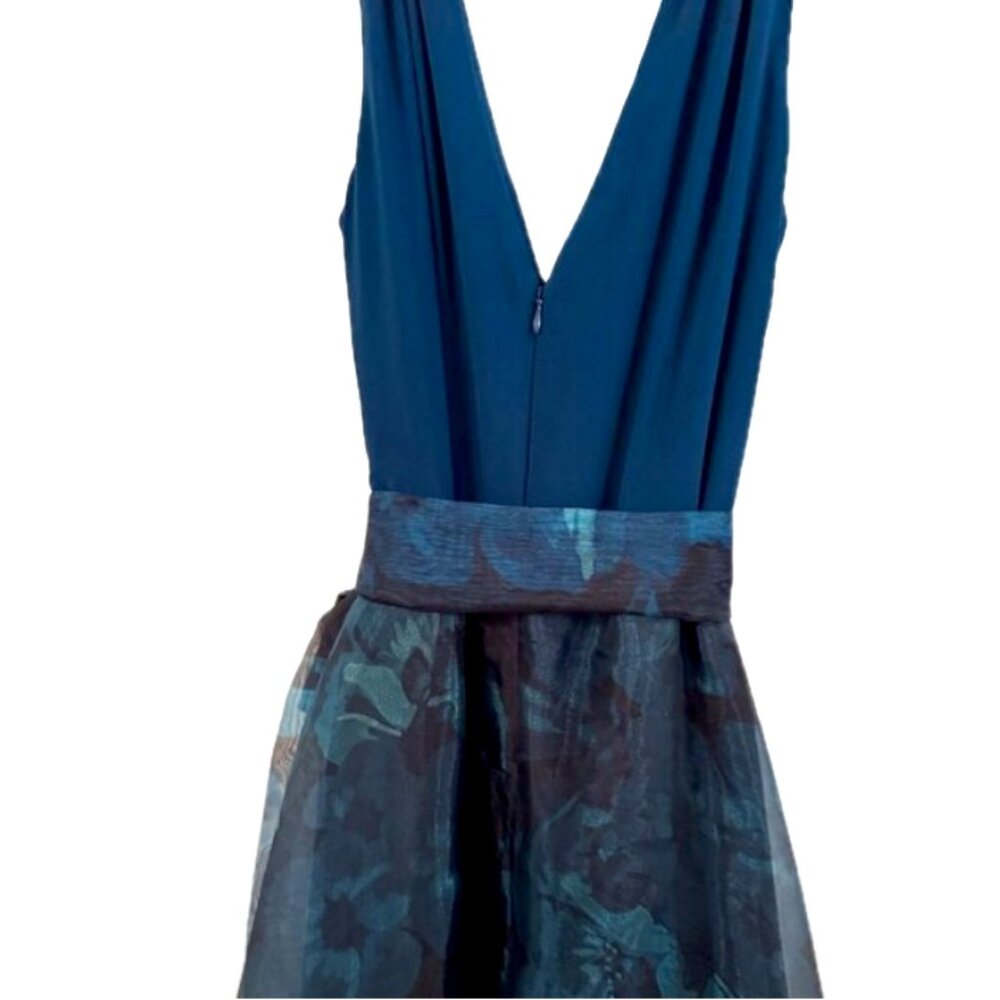 Eliza J Teal Floral Chiffon Ball Gown | Size 12 | Sleeveless V-Neck - Picture 4 of 12